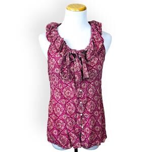 BANANA REPUBLIC Pink Medallion Neck Bow Sleeveless Top XS Silk Ruffles Bow